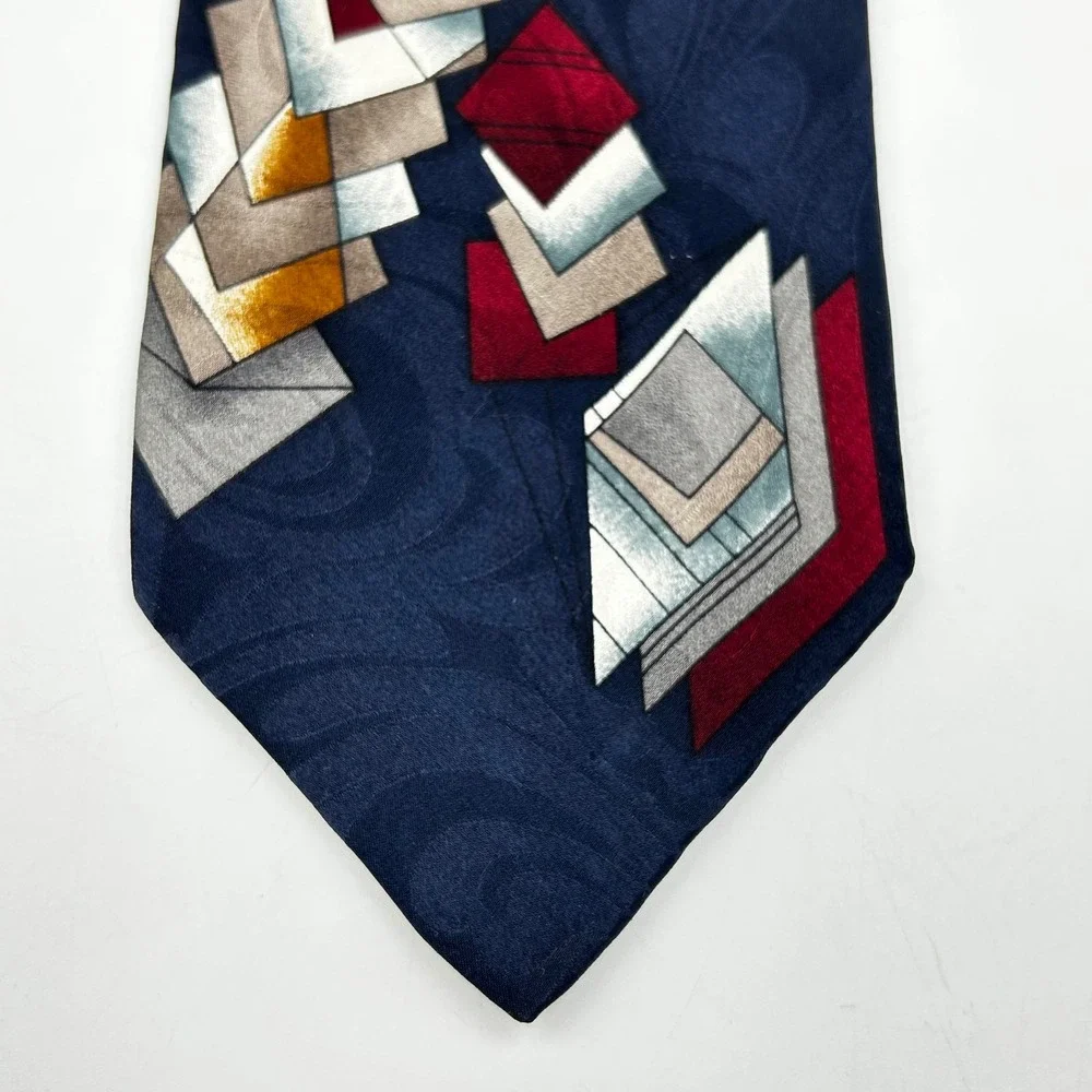Signature Collection Necktie Navy Blue Mens Geometric Abstract Silk EUC 4
